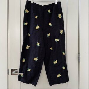 Talbots Irish Linen Petites Womens Lemon Embroidered Ankle Pants Black Sz 12